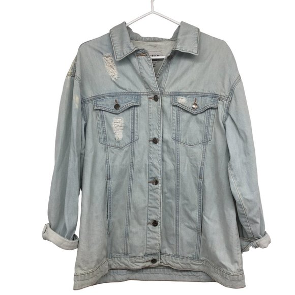 Cello Tops - Cello Light Wash Distressed Lightweight Denim Long Oversized Sleeve Shirt size M